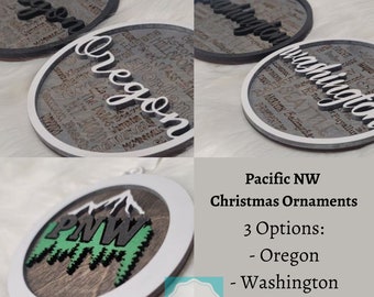 Pacific Northwest Christmas Ornaments - Oregon, Washington, PNW - Laser Cut Wooden