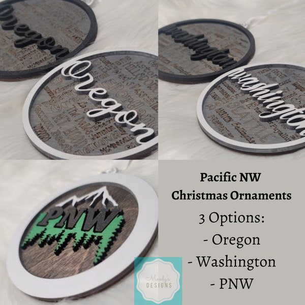 Pacific Northwest Christmas Ornaments - Oregon, Washington, PNW - Laser Cut Wooden