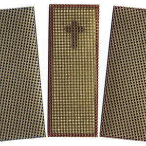 May include: Three rectangular pieces of beige canvas with different colored borders. The canvas has a grid pattern and the borders are blue, red, and purple.
