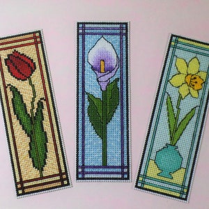 Stained Glass Flowers - set of 3 Bookmark patterns - Counted Cross Stitch Charts - PDF Instant Download