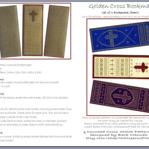 May include: A set of three cross stitch bookmark patterns featuring a gold cross on a blue, cream, and purple background. The patterns are designed by Barb Maxwell and are available on Etsy at etsy.com/shop/WhispersoftHope.