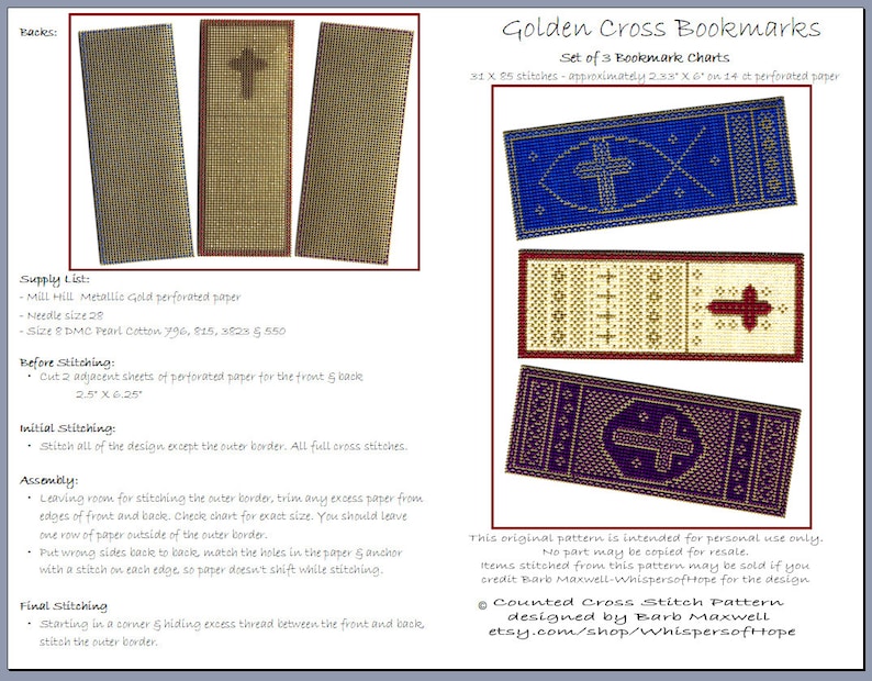 May include: A set of three cross stitch bookmark patterns featuring a gold cross on a blue, cream, and purple background. The patterns are designed by Barb Maxwell and are available on Etsy at etsy.com/shop/WhispersoftHope.