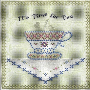May include: A cross-stitch design featuring a teacup and saucer with the text "It's Time for Tea". The design is on a green background with a white border.