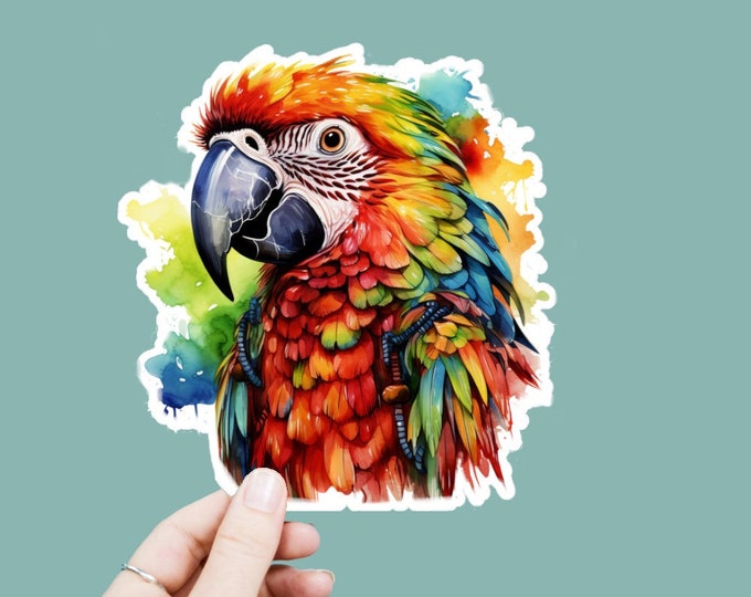 Watercolor Tropical Parrot Vinyl Decal, Satin Finish Boho Animal Sticker, Laptop Sticker, Window Decal, Water Bottle Decal, 4 Sizes