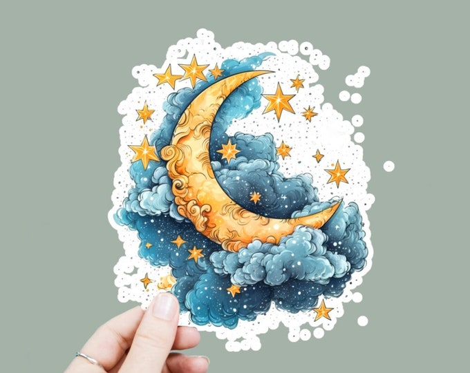 Dreamy Celestial Vinyl Decal, Satin Finish Sticker, Crescent Moon Stars Laptop Sticker, Window Decal, Water Bottle Decal, 4 Sizes