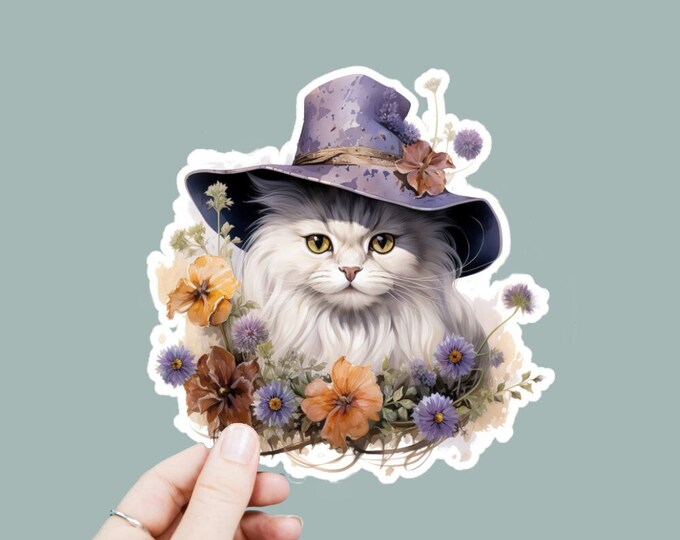 Watercolor Cat Floral Decal, Satin Finish Sticker, Boho Witchy  Kitty Sticker Laptop Sticker, Window Decal, Water Bottle Decal, 4 Sizes