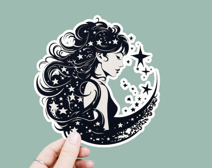 Watercolor Celestial Vinyl Decal, Satin Finish Boho Moon Fairy Sticker, Laptop Sticker, Window Decal, Water Bottle Decal, 4 Sizes