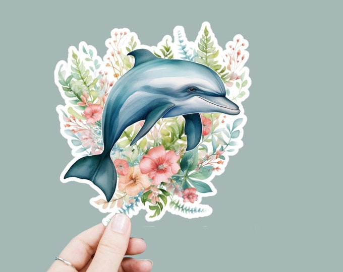 Watercolor Floral Dolphin Decal, Satin Finish Sticker, Boho Animal Sticker Laptop Sticker, Window Decal, Water Bottle Decal, 4 Sizes