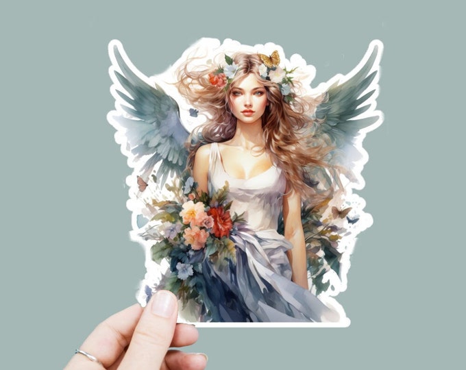Watercolor Angel Vinyl Decal, Satin Finish Sticker, Floral Boho Angel Laptop Sticker, Window Decal, Water Bottle Decal, 4 Sizes to Choose