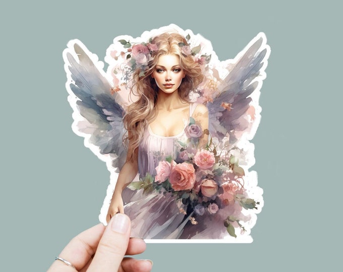 Watercolor Angel Decal, Satin Finish Sticker, Boho Floral Angel Sticker Laptop Sticker, Window Decal, Water Bottle Decal, 4 Sizes