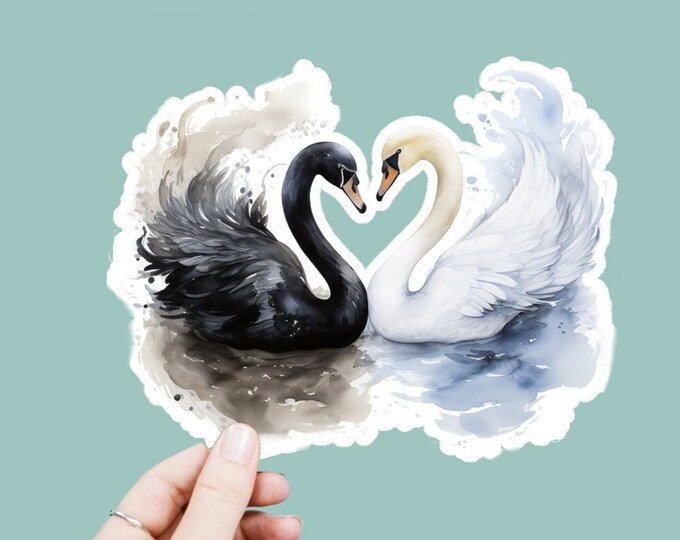 Watercolor Yin Yang Swans Vinyl Decal, Satin Finish Boho Animal Birds Sticker, Laptop Sticker, Window Decal, Water Bottle Decal, 4 Sizes