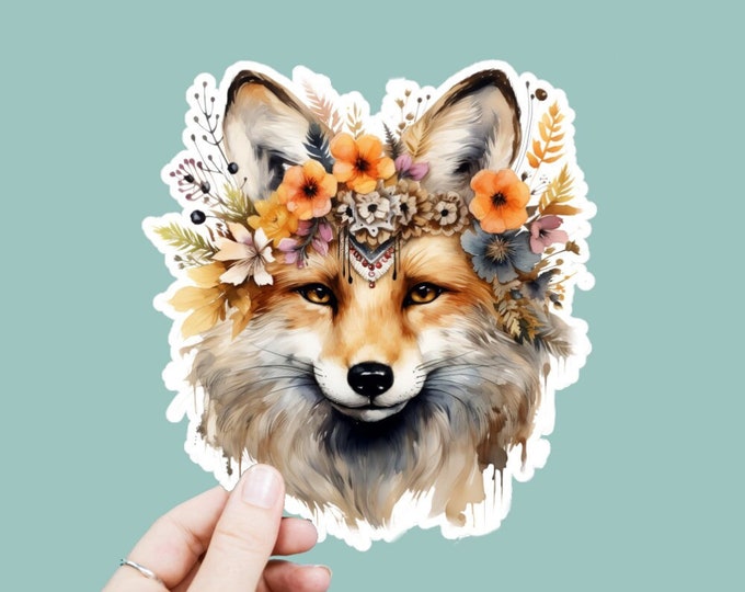 Watercolor Fox Flowers Vinyl Decal, Satin Finish Boho Woodland Fox Sticker, Laptop Sticker, Window Decal, Water Bottle Decal, 4 Sizes