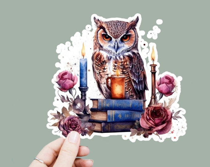 Owl Books Candles Vinyl Decal, Satin Finish Sticker, Floral Owl Laptop Sticker, Window Decal, Water Bottle Decal, 4 Sizes to Choose From