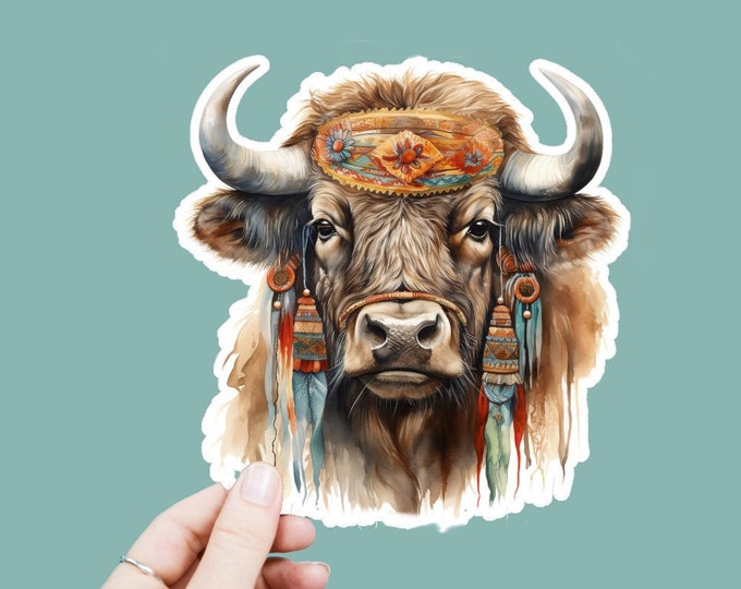 Watercolor Hippie Buffalo Vinyl Decal, Satin Finish Boho Animal Sticker, Laptop Sticker, Window Decal, Water Bottle Decal, 4 Sizes