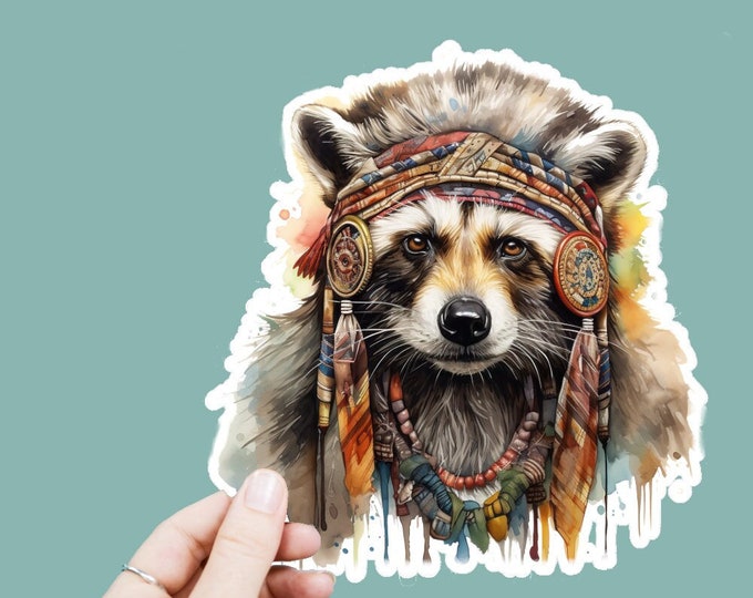 Watercolor Hippie Racoon Vinyl Decal, Satin Finish Boho Animal Sticker, Laptop Sticker, Window Decal, Water Bottle Decal, 4 Sizes