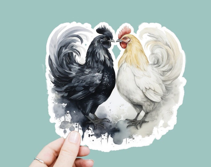 Watercolor Yin Yang Chickens Birds Vinyl Decal, Satin Finish Sticker, Boho Laptop Sticker, Window Decal, Water Bottle Decal, 4 Sizes
