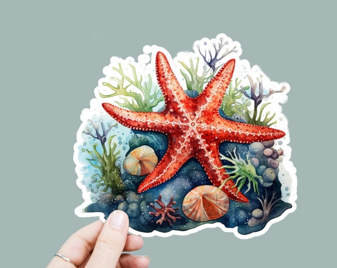 Watercolor Starfish Tropical Decal, Satin Finish Sticker, Boho Animal Sticker Laptop Sticker, Window Decal, Water Bottle Decal, 4 Sizes