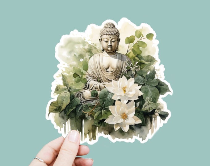 Watercolor Buddha Flowers Vinyl Decal, Satin Finish Boho Buddha Sticker, Laptop Sticker, Window Decal, Water Bottle Decal, 4 Sizes