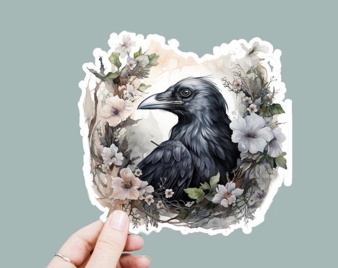 Watercolor Raven Crow Decal, Satin Finish Sticker, Boho Flowers Bird Sticker Laptop Sticker, Window Decal, Water Bottle Decal, 4 Sizes