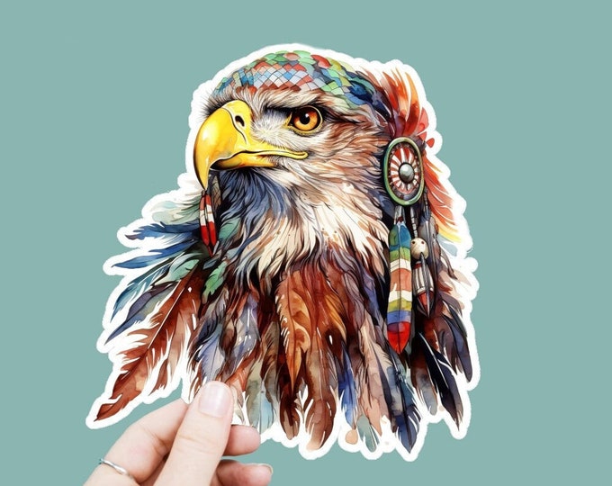 Watercolor Hippie Eagle Vinyl Decal, Satin Finish Boho Animal Sticker, Laptop Sticker, Window Decal, Water Bottle Decal, 4 Sizes