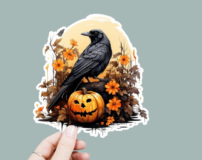 Watercolor Crow with Pumpkins Decal, Satin Finish Sticker, Boho Witchy Sticker Laptop Sticker, Window Decal, Water Bottle Decal, 4 Sizes