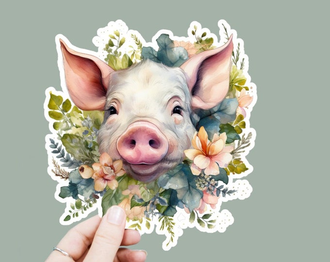 Floral Piggy Vinyl Decal, Satin Finish Boho Animal Pig Sticker, Laptop Sticker, Window Decal, Water Bottle Decal, 4 Sizes To Choose From