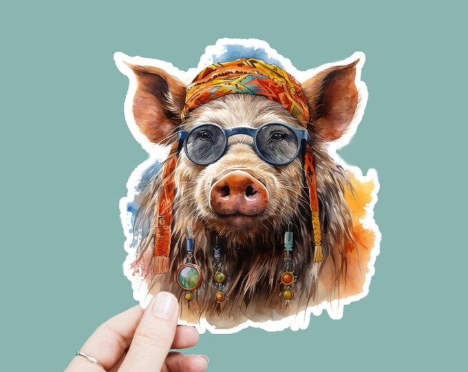 Watercolor Hippie Pig Vinyl Decal, Satin Finish Boho Animal Sticker, Laptop Sticker, Window Decal, Water Bottle Decal, 4 Sizes