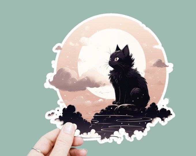 Watercolor Black Cat Vinyl Decal, Satin Finish Boho Sun Moon Floral Sticker, Laptop Sticker, Window Decal, Water Bottle Decal, 4 Sizes