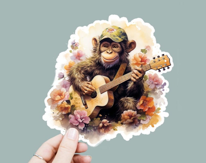 Watercolor Monkey Playing Guitar Decal, Satin Finish Sticker, Boho Hippie Sticker Laptop Sticker, Window Decal, Water Bottle Decal, 4 Sizes