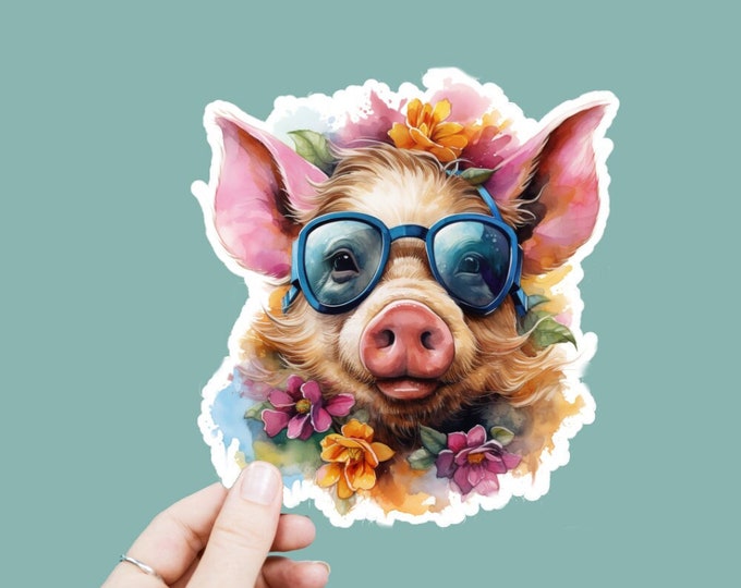 Watercolor Hippie Pig Vinyl Decal, Satin Finish Boho Animal Sticker, Laptop Sticker, Window Decal, Water Bottle Decal, 4 Sizes