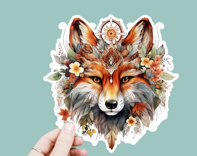 Watercolor Fox Flowers Vinyl Decal, Satin Finish Boho Woodland Fox Sticker, Laptop Sticker, Window Decal, Water Bottle Decal, 4 Sizes