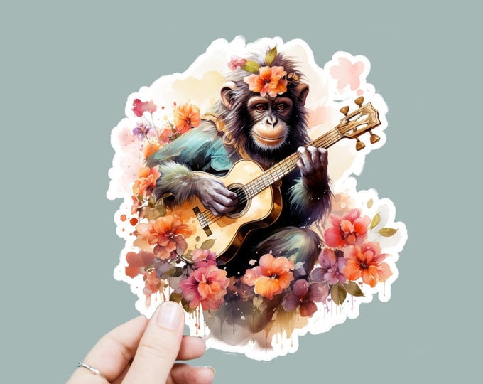 Watercolor Monkey Playing Guitar Decal, Satin Finish Sticker, Boho Hippie Sticker Laptop Sticker, Window Decal, Water Bottle Decal, 4 Sizes