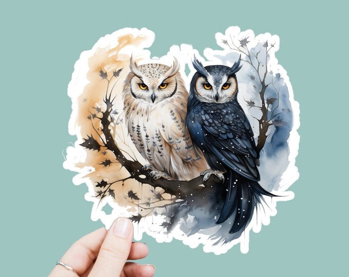 Watercolor Yin Yang Owls Vinyl Decal, Satin Finish Boho Birds Sticker, Laptop Sticker, Window Decal, Water Bottle Decal, 4 Sizes