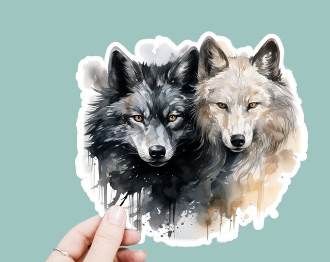 Watercolor Yin Yang Wolves Vinyl Decal, Satin Finish Boho Animal Sticker, Laptop Sticker, Window Decal, Water Bottle Decal, 4 Sizes