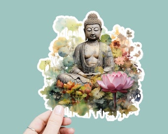 Watercolor Buddha Flowers Vinyl Decal, Satin Finish Boho Buddha Sticker, Laptop Sticker, Window Decal, Water Bottle Decal, 4 Sizes