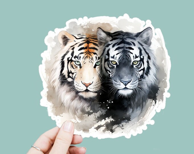 Watercolor Yin Yang Tigers Vinyl Decal, Satin Finish Boho Animal Cats Sticker, Laptop Sticker, Window Decal, Water Bottle Decal, 4 Sizes