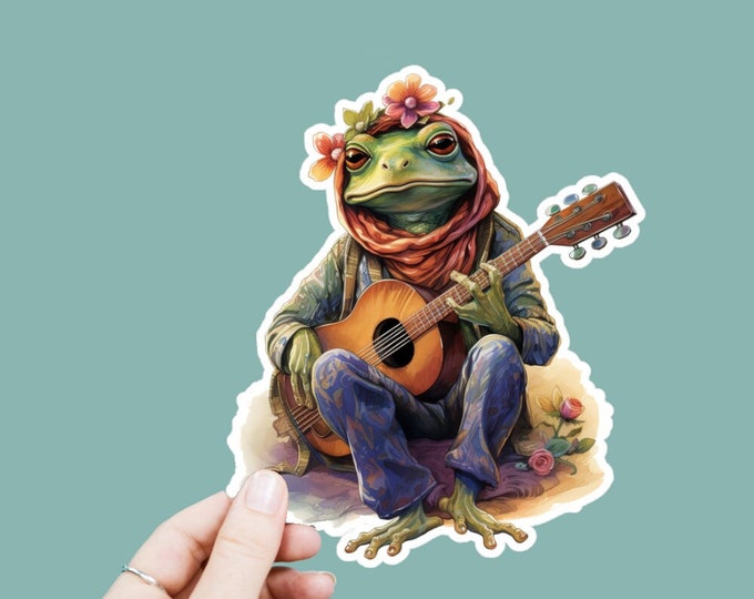 Watercolor Hippie Frog Vinyl Decal, Satin Finish Boho Animal Sticker, Laptop Sticker, Window Decal, Water Bottle Decal, 4 Sizes