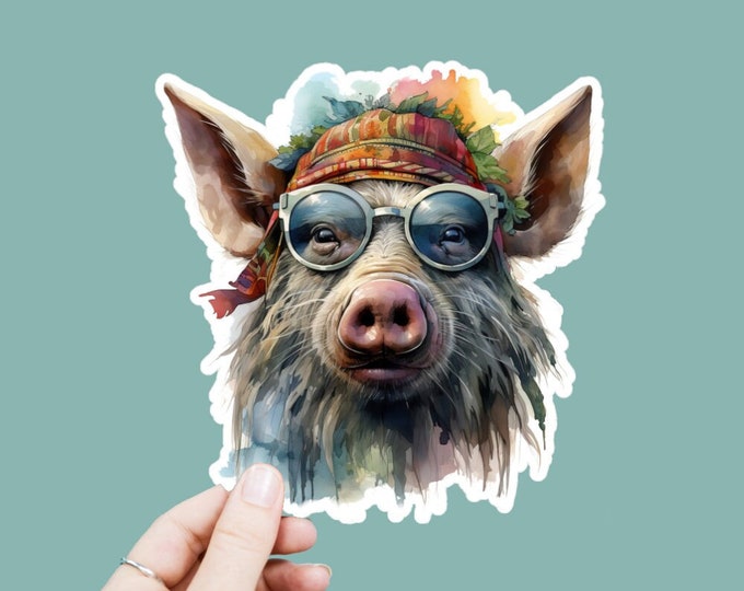 Watercolor Hippie Pig Vinyl Decal, Satin Finish Boho Animal Sticker, Laptop Sticker, Window Decal, Water Bottle Decal, 4 Sizes