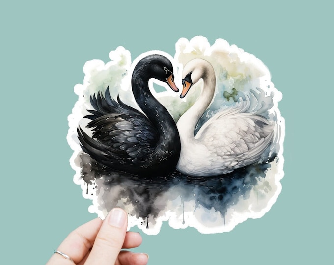 Watercolor Yin Yang Swan Vinyl Decal, Satin Finish Boho Animals Birds Sticker, Laptop Sticker, Window Decal, Water Bottle Decal, 4 Sizes