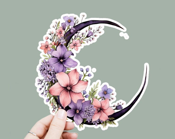 Crescent Moon Vinyl Decal, Satin Finish Sticker, Floral Boho Moon Laptop Sticker, Window Decal, Water Bottle Decal, 4 Sizes to Choose