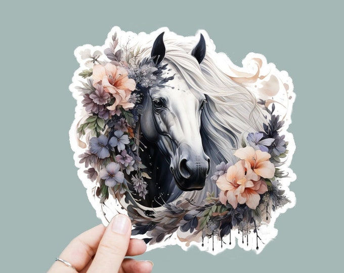 Watercolor Horse Decal, Satin Finish Sticker, Boho Floral Horse Sticker Laptop Sticker, Window Decal, Water Bottle Decal, 4 Sizes