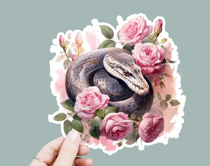 Watercolor Snake Roses Floral Decal, Satin Finish Sticker, Boho Witchy Sticker Laptop Sticker, Window Decal, Water Bottle Decal, 4 Sizes