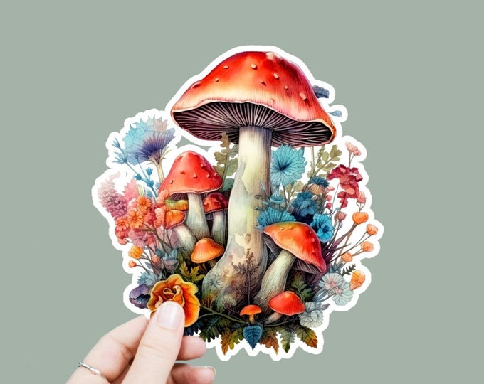 Cottagecore Mushroom Vinyl Decal, Satin Finish Boho Floral Mushrooms Sticker, Laptop Sticker, Window Decal, Water Bottle Decal, 4 Sizes
