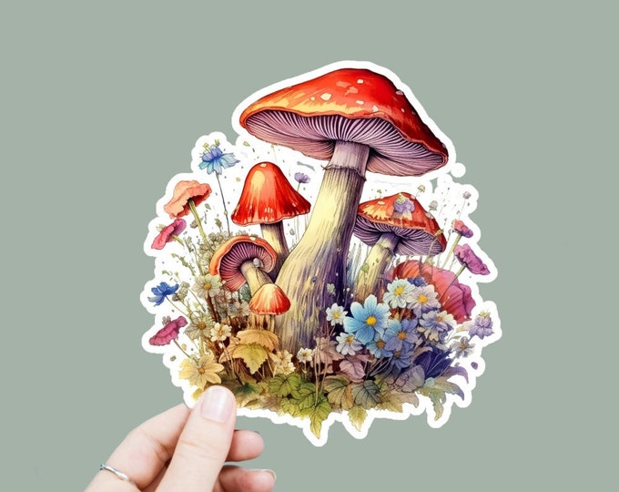Cottagecore Mushroom Vinyl Decal, Satin Finish Boho Floral Mushrooms Sticker, Laptop Sticker, Window Decal, Water Bottle Decal, 4 Sizes