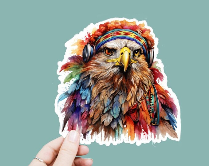 Watercolor Hippie Eagle Vinyl Decal, Satin Finish Boho Animal Sticker, Laptop Sticker, Window Decal, Water Bottle Decal, 4 Sizes