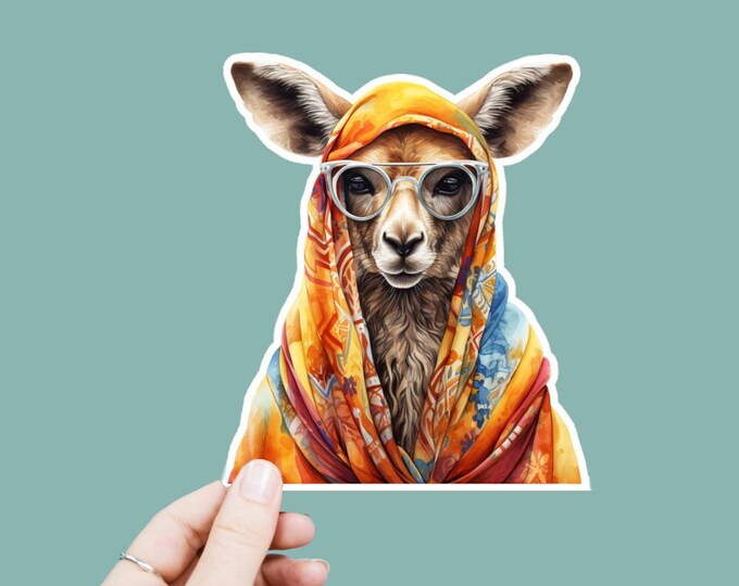 Watercolor Hippie Kangaroo Vinyl Decal, Satin Finish Boho Animal Sticker, Laptop Sticker, Window Decal, Water Bottle Decal, 4 Sizes