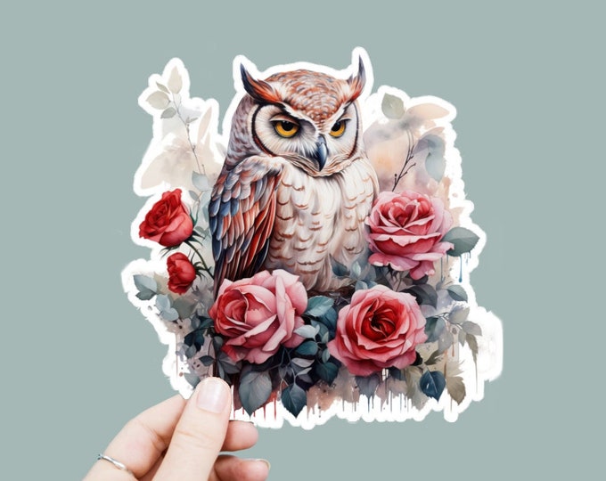 Watercolor Owl Roses Floral Decal, Satin Finish Sticker, Boho Witchy Sticker Laptop Sticker, Window Decal, Water Bottle Decal, 4 Sizes