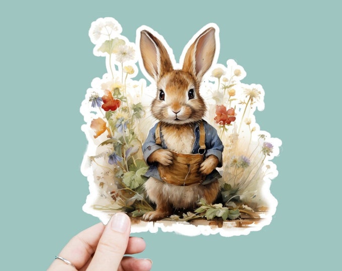 Watercolor Bunny Vinyl Decal, Satin Finish Sticker, Boho Rabbit Flowers Laptop Sticker, Window Decal, Water Bottle Decal, 4 Sizes