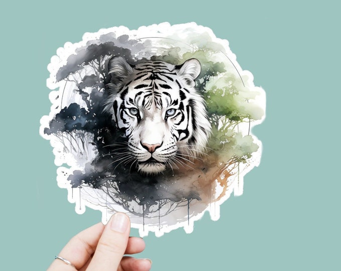 Watercolor White Tiger Vinyl Decal, Satin Finish Boho Animal Cat Sticker, Laptop Sticker, Window Decal, Water Bottle Decal, 4 Sizes