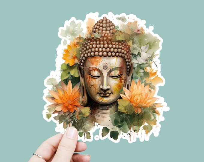 Watercolor Buddha Flowers Vinyl Decal, Satin Finish Boho Buddha Sticker, Laptop Sticker, Window Decal, Water Bottle Decal, 4 Sizes